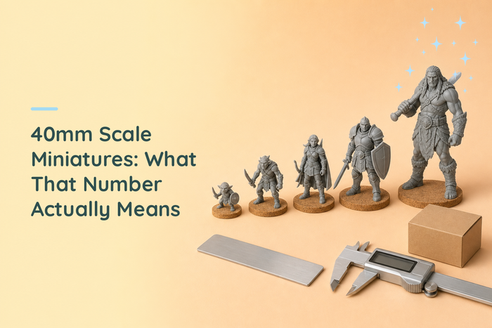 Row of five unpainted grey resin figures rising in height on cork discs, beside a steel rule and callipers on a desk