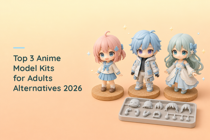 Three anime styled chibi figures on cork discs, one in a school uniform, one in a light jacket and one in a flowing dress, next to a flat tray of unassembled pale grey kit parts