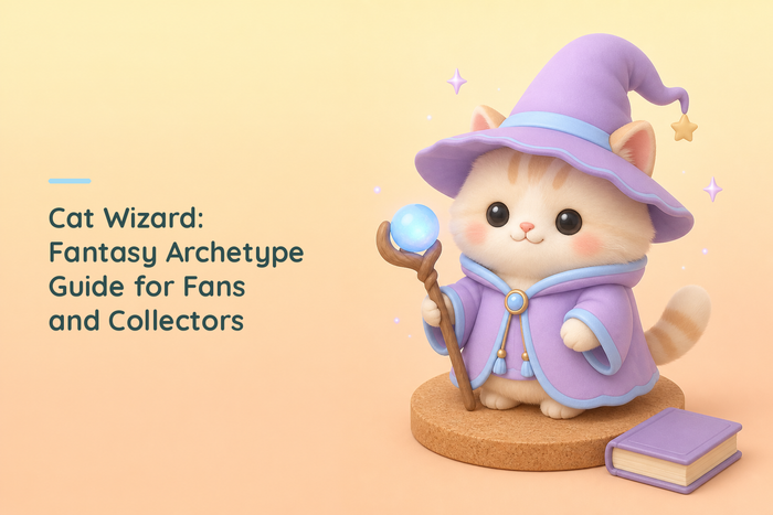 A fluffy chibi cat standing upright on a cork disc in a tall lavender wizard hat and a robe with light blue trim, holding a wooden staff topped with a glowing blue orb, with a small spellbook beside it