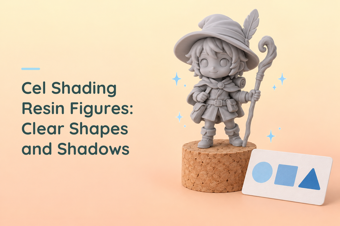 Unpainted chibi wizard beside a blue geometric colour study for cel shading