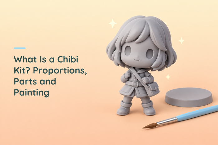 Grey resin chibi explorer beside a plain base and blue-handled brush