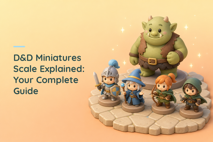 Four small chibi adventurer figures on standard round bases standing on a stone dungeon floor, with a much larger ogre figure on a wider base behind them showing the size difference
