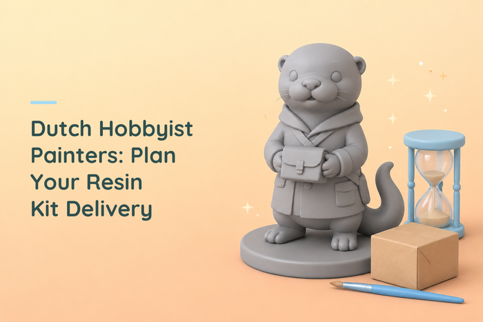 Grey resin otter courier beside a kraft parcel, blue hourglass and resting hobby brush