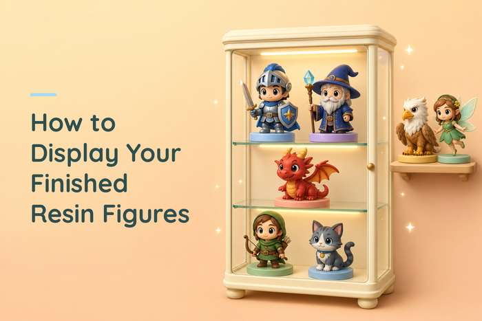 Cream glass-fronted display cabinet with three lit glass shelves holding five painted chibi resin figures on pastel risers, a knight, a wizard, a red dragon, a hooded ranger and a grey cat