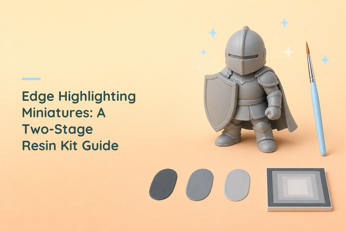 Unpainted grey resin knight beside a brush and grey paint swatches for an edge-highlighting project