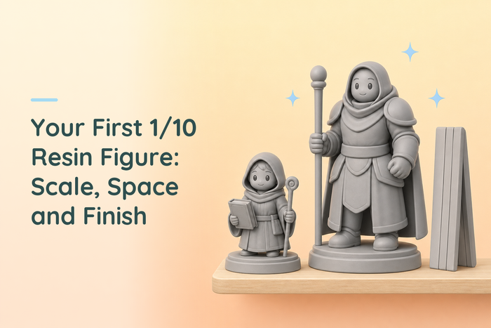 Grey resin figure beside a measuring tape and a clear display-space outline for choosing a first 1/10 kit