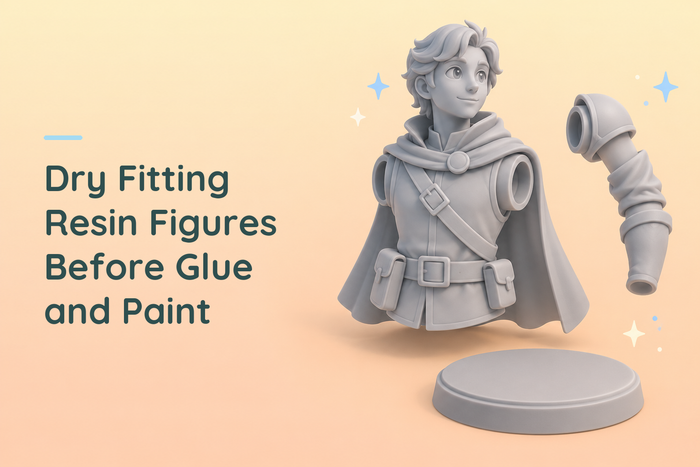 Separated grey resin figure components and a base illustrating assembly planning