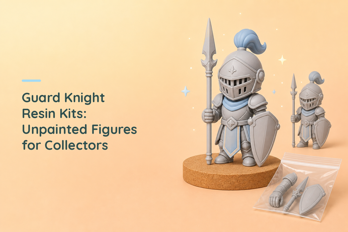 Bare grey chibi guard knight standing at attention on a cork disc in a visored plumed helm and tabard, holding a tall spear and a kite shield, with a sealed bag of grey parts beside it