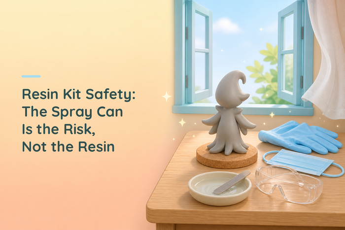 Cozy illustrated hobby bench by an open window with a grey resin figurine, gloves, a face mask, safety glasses and water