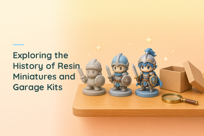 Three chibi warrior figures on a honey coloured wooden shelf in increasing levels of detail, from soft and blurry on the left to crisp and sharp on the right, with a plain kraft box with its lid leaning against it and a brass magnifying glass