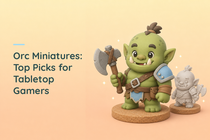 A stocky green chibi orc with small tusks and a broad axe standing on a cork disc, with a smaller unpainted grey orc figure behind it suggesting a warband being built up