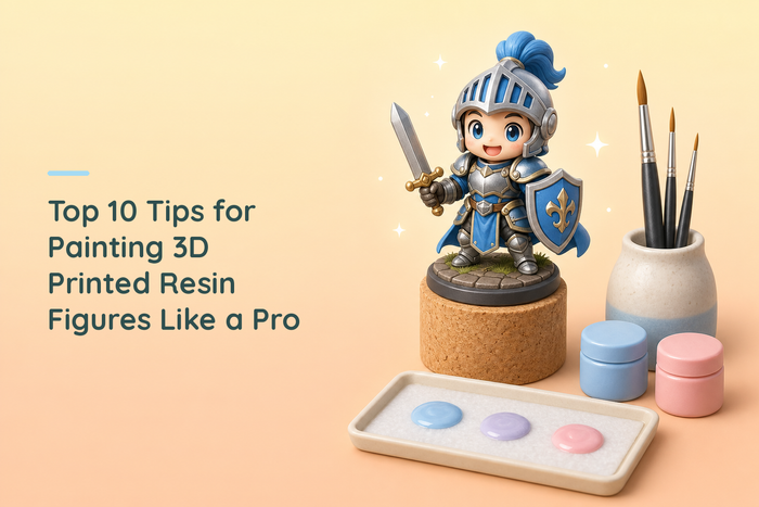 Finished chibi knight painted in blue and silver mounted on a cork painting handle, with a ceramic holder of three fine brushes, a wet palette tray holding three pools of pastel paint and two closed paint pots