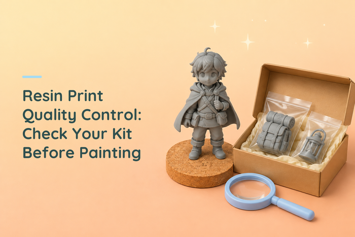 Resin print quality control header with a grey traveler figure, bagged accessories and a magnifier
