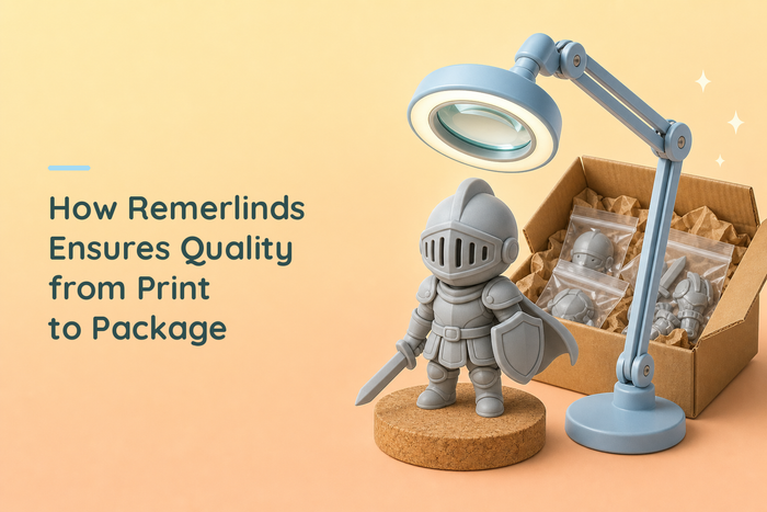 Unpainted grey chibi knight on a cork disc being inspected under an angled swing-arm magnifier lamp, next to an open kraft shipping box with bagged grey resin parts nested in crumpled recycled paper