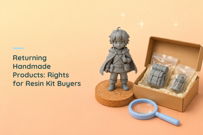 Grey resin traveler beside bagged kit parts in a kraft box and a blue magnifying glass