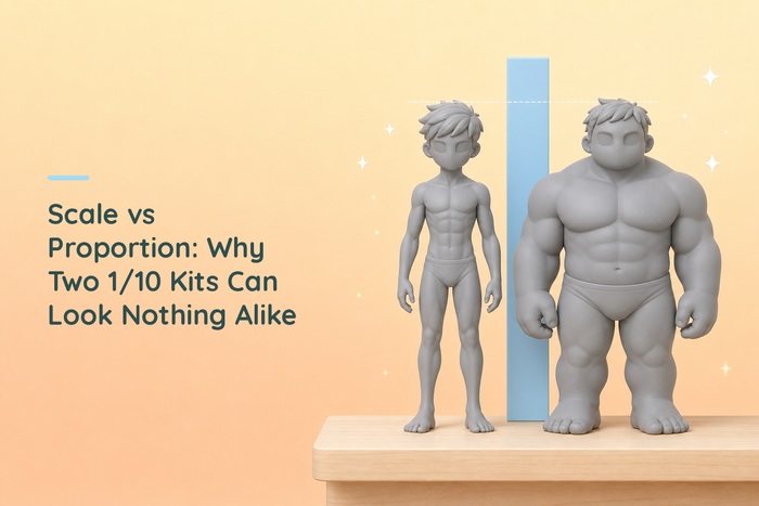 Two grey resin figures of identical height standing on a pale wooden shelf, one slim and athletic and one heavily muscled and stocky, with a light blue vertical rule between them and dashed level lines at head height showing they measure the same
