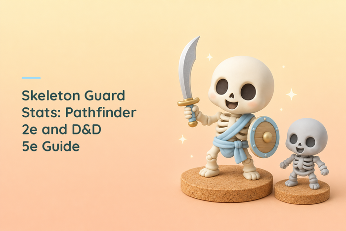 A cheerful chibi skeleton warrior with a curved scimitar and a round wooden shield standing on a cork disc, with a smaller unpainted grey skeleton figure on its own disc beside it