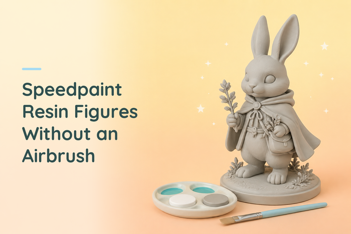 Unpainted resin figure with a brush, palette and light primer swatches for a Speedpaint workflow