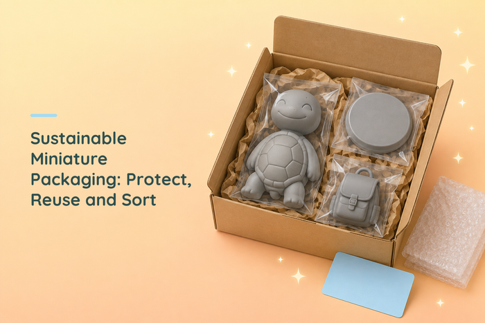 Grey resin turtle kit parts in an open paper-cushioned box beside clear bubble wrap