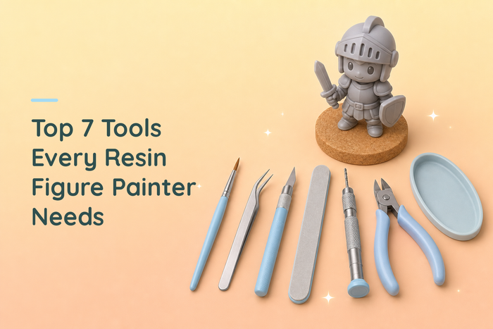 Seven hobby tools laid out in an arc, a fine brush, tweezers, a hobby knife, a sanding stick, a pin vice, a pair of nippers and an oval palette tray, with an unpainted grey chibi knight on a cork disc behind them