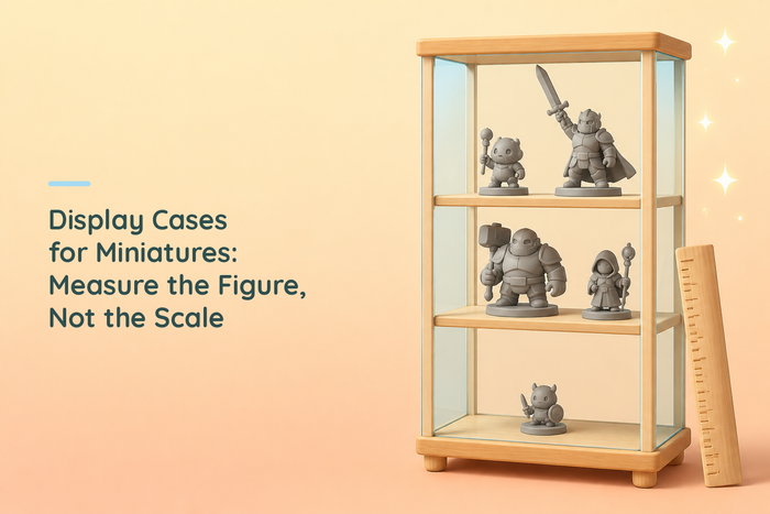 Cozy illustrated wooden and glass display cabinet holding five grey resin figurines of different heights beside a ruler