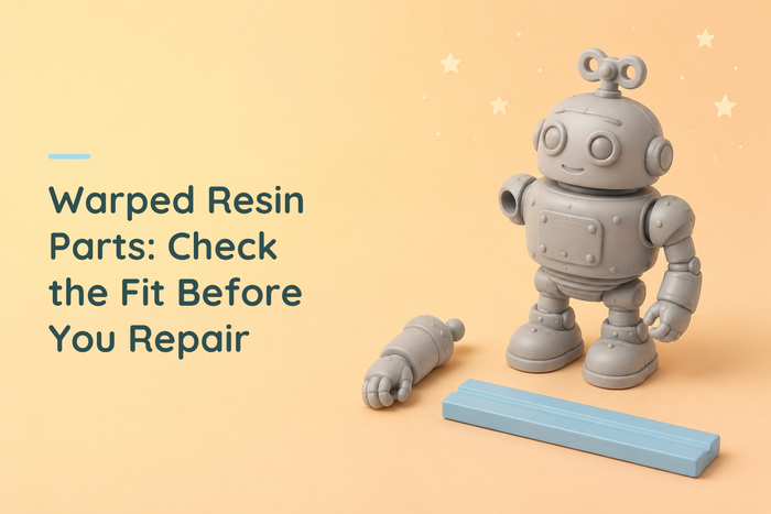 Grey resin clockwork robot with a separate arm beside an unmarked blue straightedge