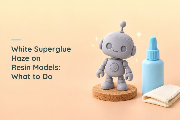 Grey robot resin figure beside a closed glue bottle and cloth, with the white superglue haze guide title