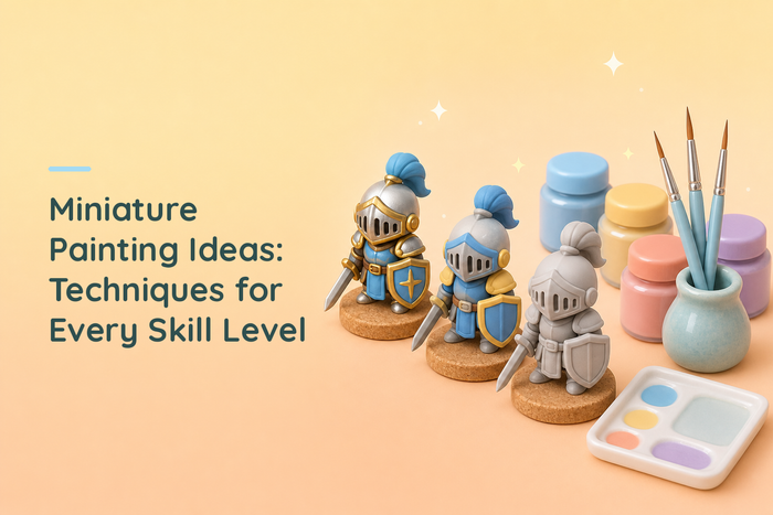 Three chibi knight figures on cork discs showing a painting progression from fully painted to base coated to bare grey resin, with pastel paint pots, fine brushes in a ceramic holder and a wet palette beside them