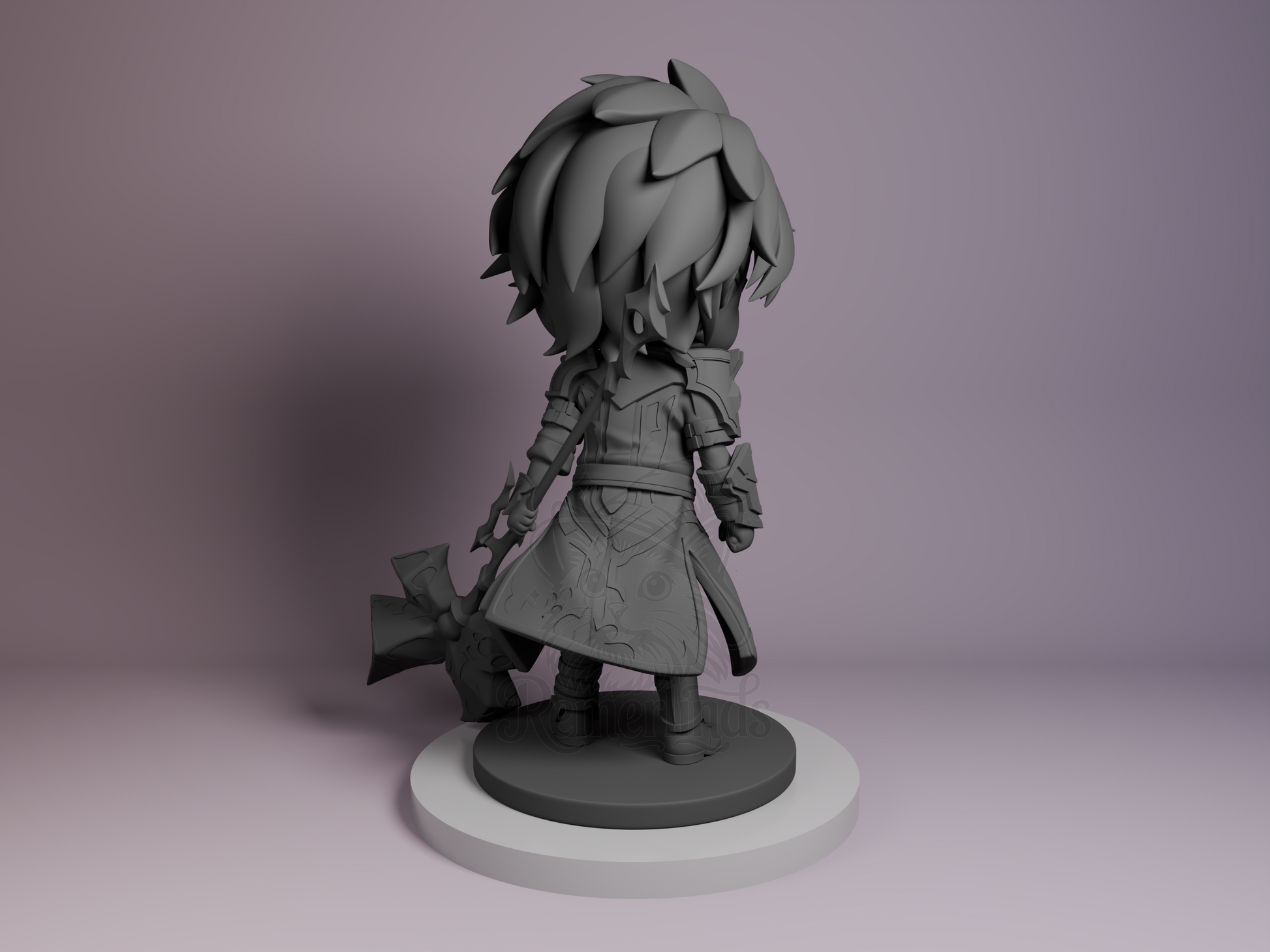 Rear view showing coat folds, shoulder pads, and circular base.