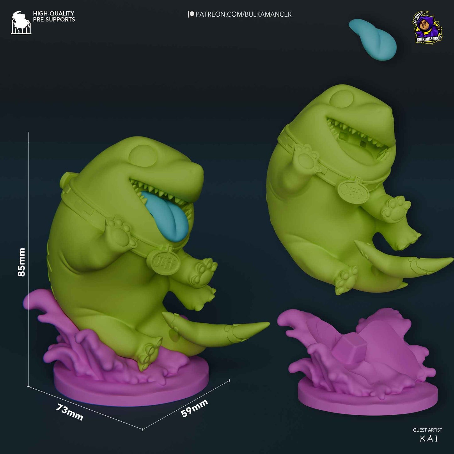 Parts and size reference image showing layout of the Chibi Shark Pal Tiny Hero Companion resin figure by Bulkamancer, including optional transparent water parts.
