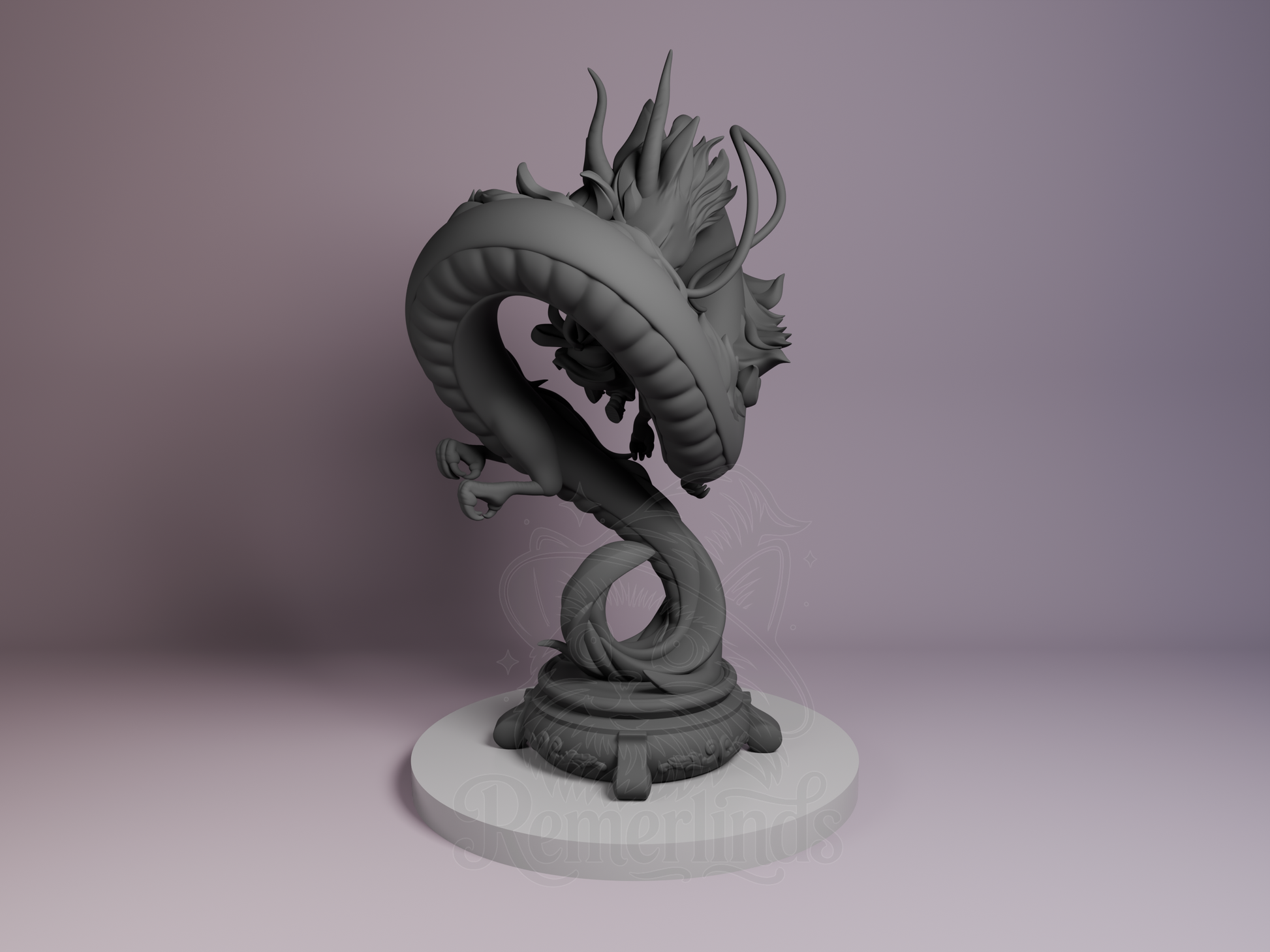 Back-left angle showing dragon body curvature and swirling base details.