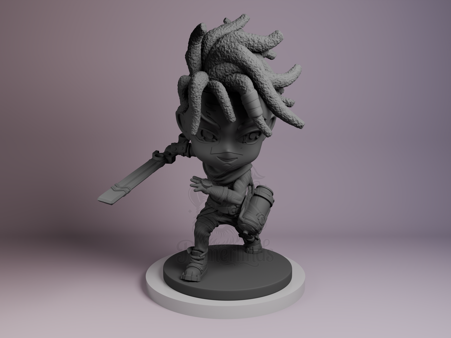 Chibi Ekko Arcane resin figure by Bulkamancer, unpainted front view showing dynamic pose with sword and confident stance.