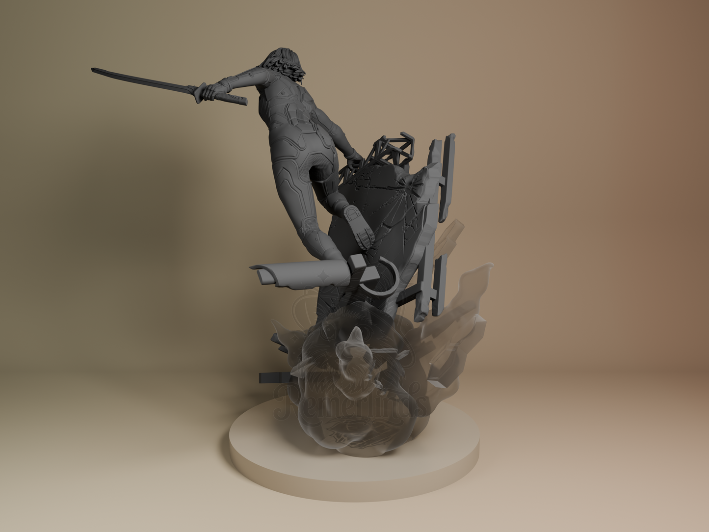 Back-left angle highlighting armor plating, flowing hair, and layered platform structure.