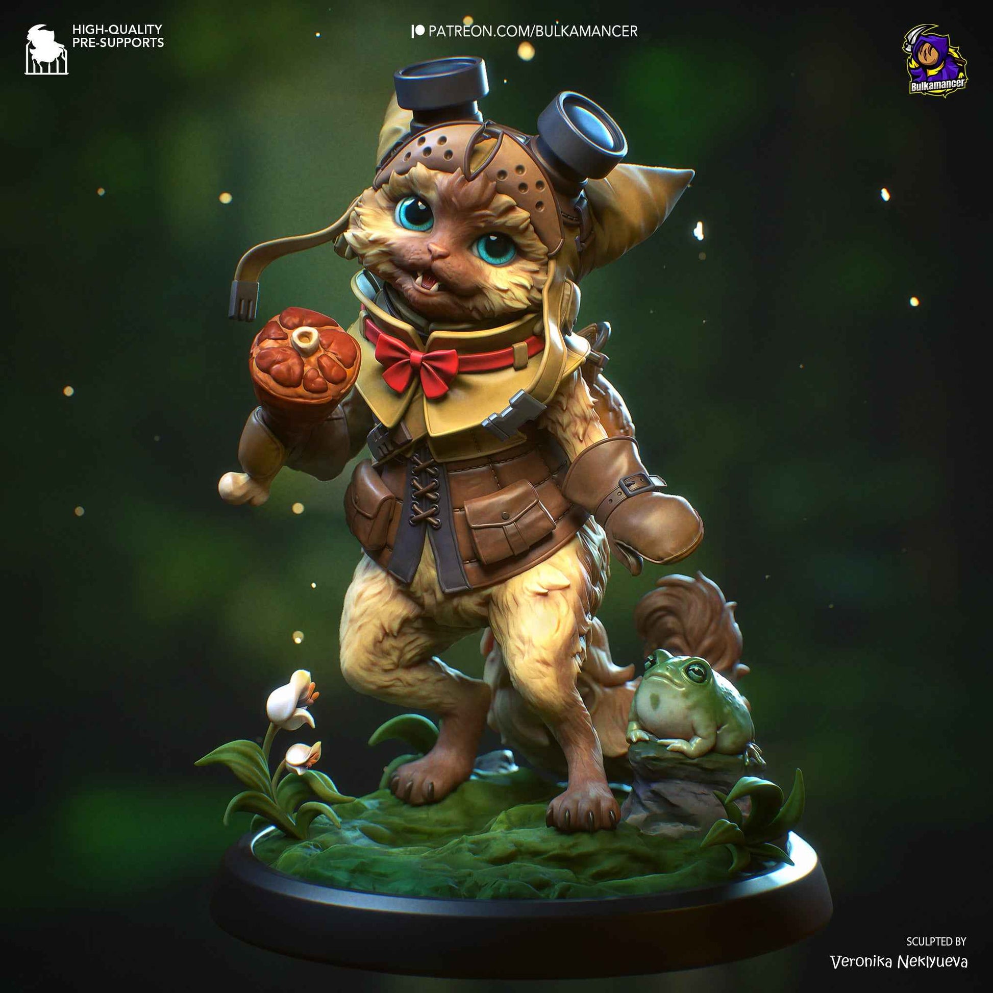Fully painted sample of Palico and Toad from Monster Hunter by Bulkamancer, showing finished textures and forest-themed base for display.
