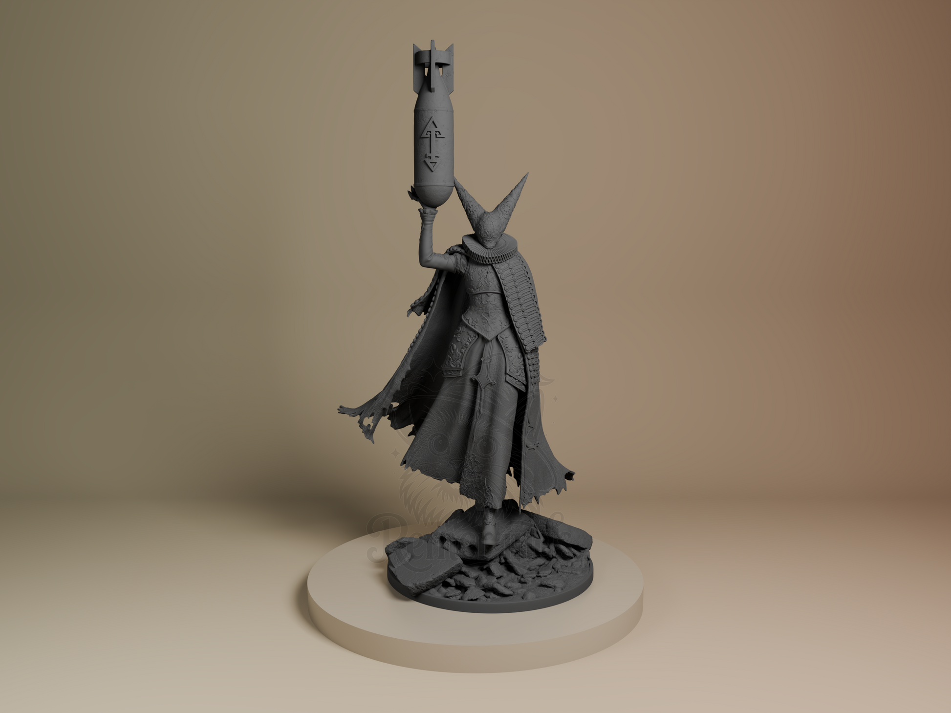 Artillery Witch resin figurine kit by Bulkamancer, unpainted front view showing raised artillery shell and armored cloak details.
