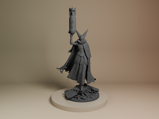 Artillery Witch resin figurine kit by Bulkamancer, unpainted front view showing raised artillery shell and armored cloak details.