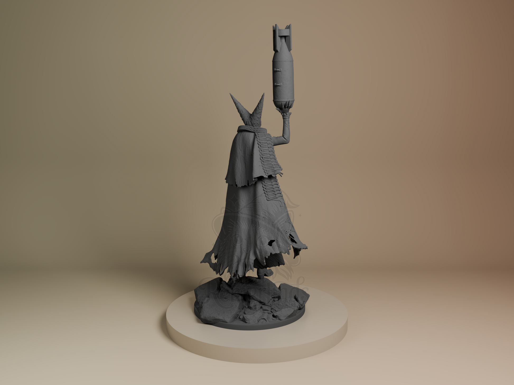 Rear view showing long cloak folds and base terrain sculpt.