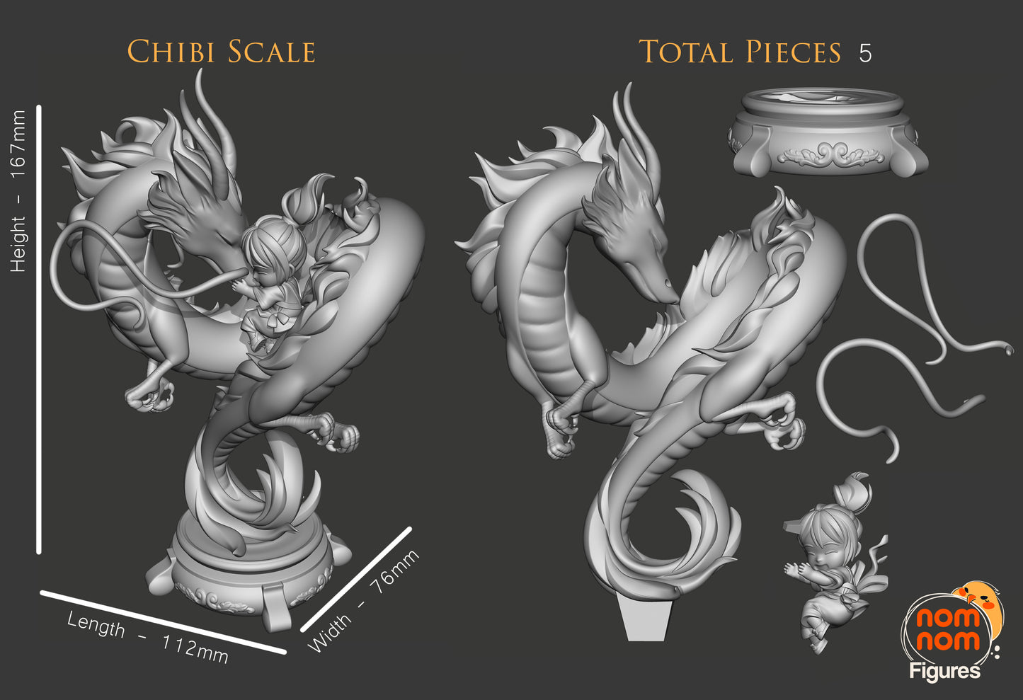 Parts and size reference image showing Chihiro, Haku, and base components.