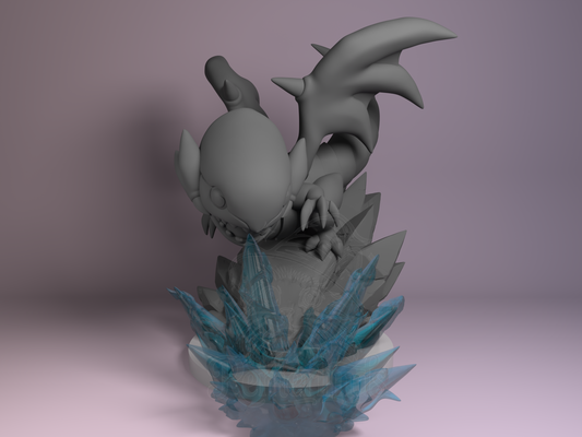 Blue-Eyed White Dragon Dungeons and Dragons 3D printed resin Chibi by Nomnom Figures, unpainted front view showing dragon with crystal spell effects.