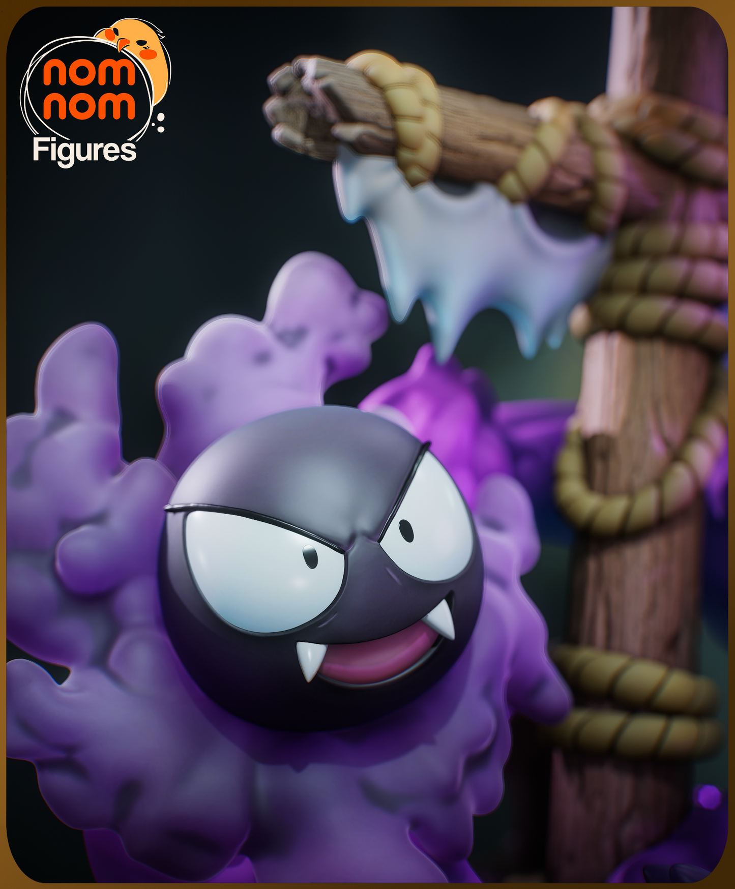 Gastly from Pokémon diorama by Nomnom Figures, fully painted close-up showing dark spherical body with violet mist and wood post background.