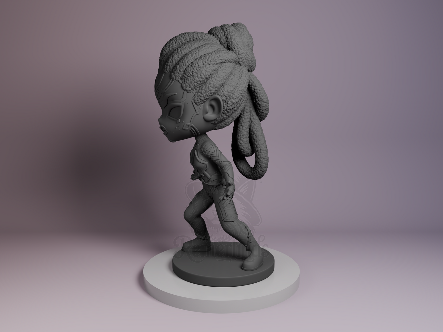 Left side angle showing arm position, outfit folds, and base curvature.
