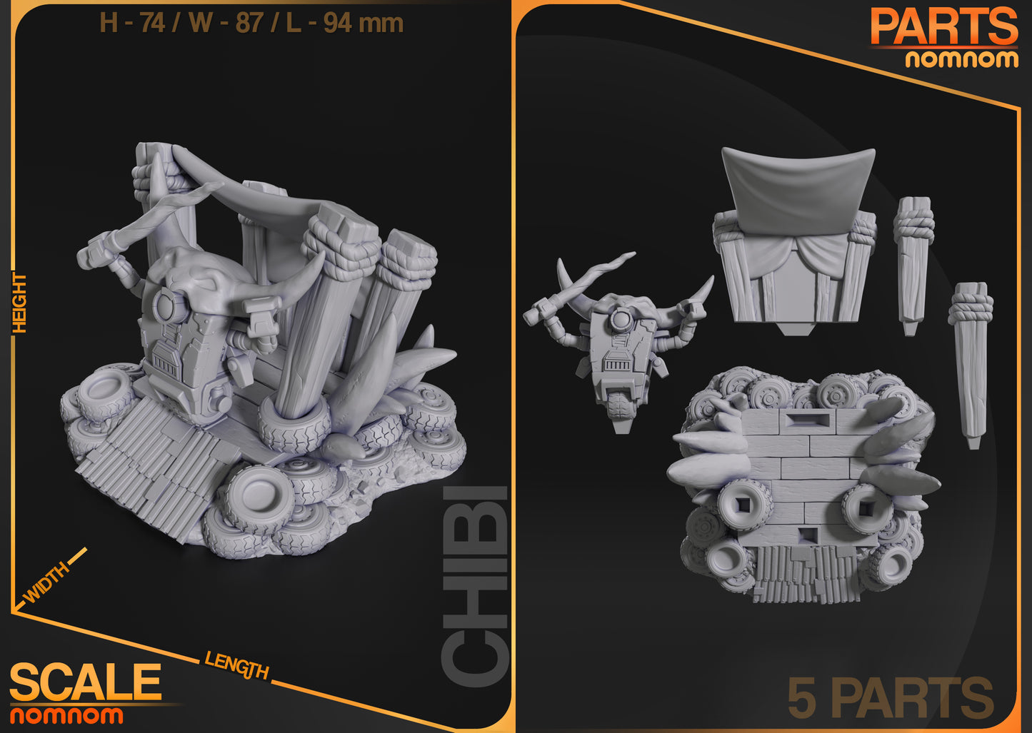 Parts and size reference image showing robot body, base, and accessory layout.