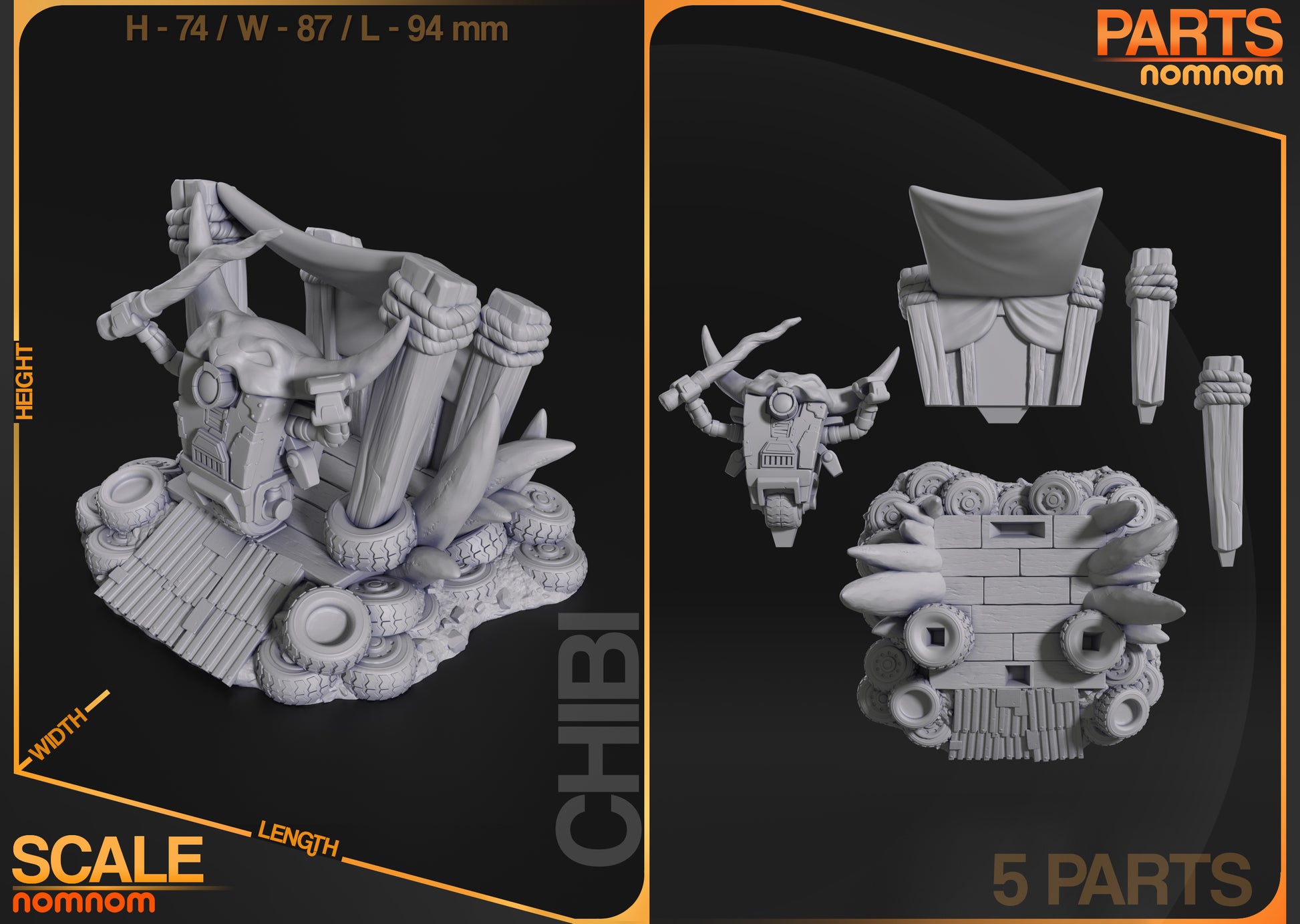 Parts and size reference image showing robot body, base, and accessory layout.