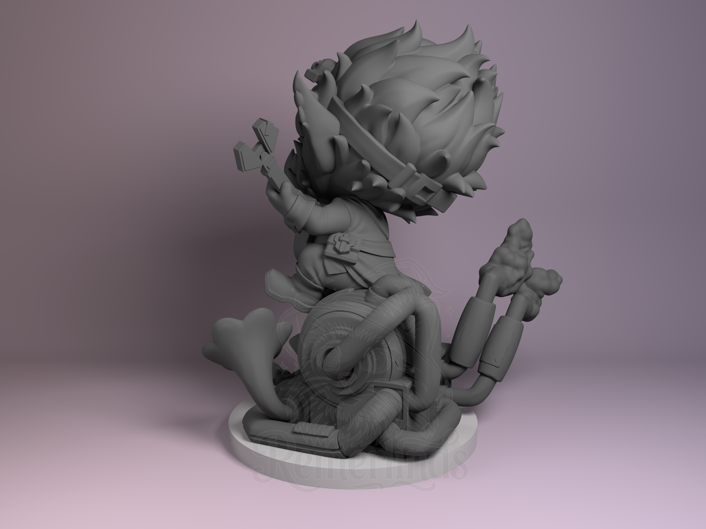 Back-left angle highlighting flowing hair and gear details.