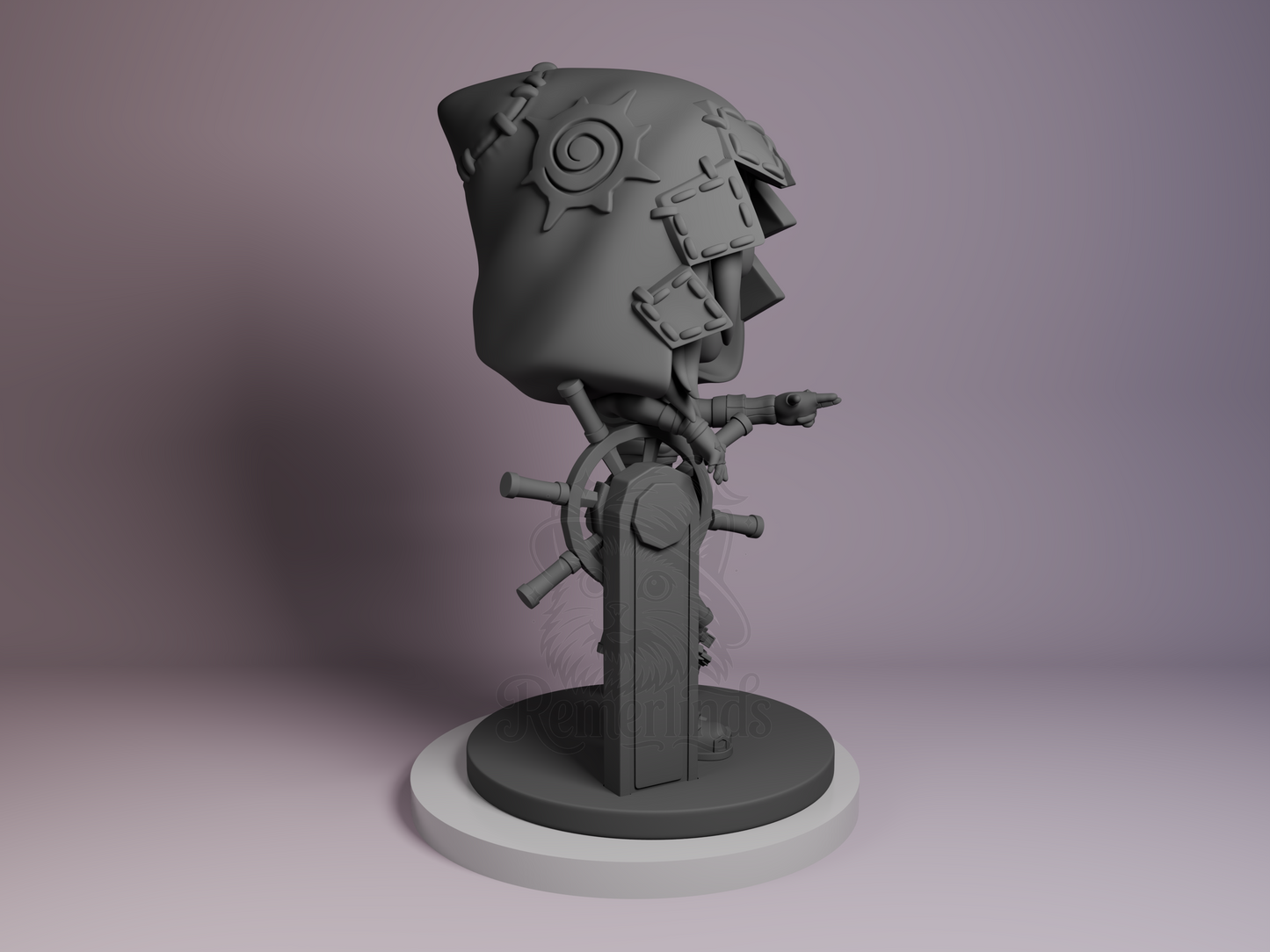 Right side angle highlighting leg wrap sculpting and side profile of the weapon.