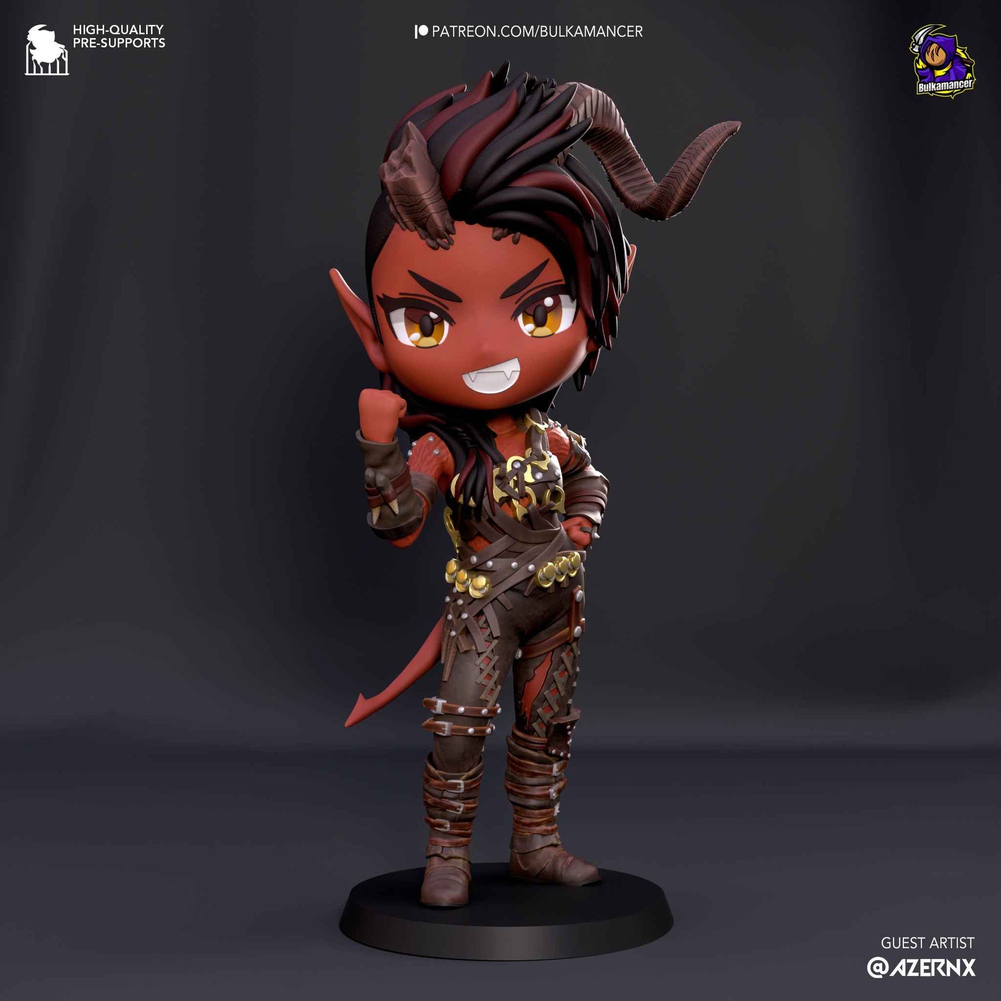 Fully painted sample of Chibi Karlach from Baldur’s Gate by Bulkamancer, showing intended final display look with bright colors and fine detail.