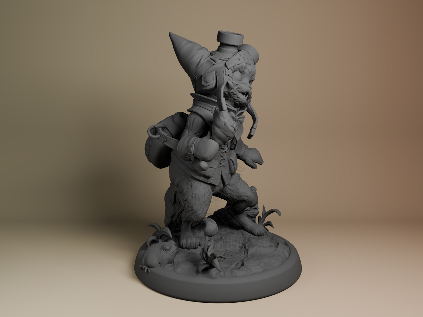 Right side angle showing side profile of Palico’s stance, hat tilt, and Toad’s placement.
