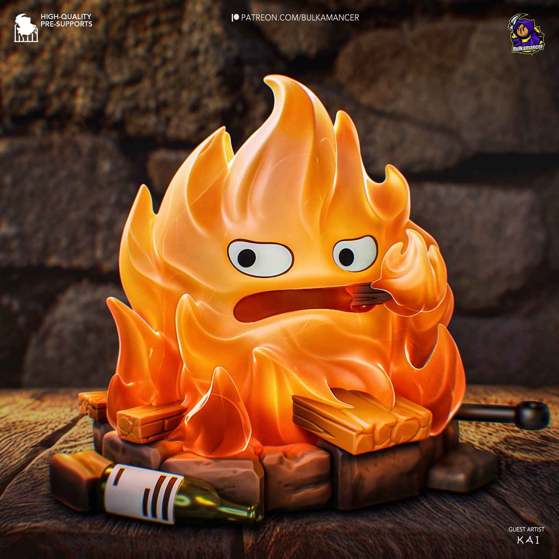 Fully painted sample of Calcifer from Howl's Moving Castle by Bulkamancer, showing intended final look with glowing flame effect.