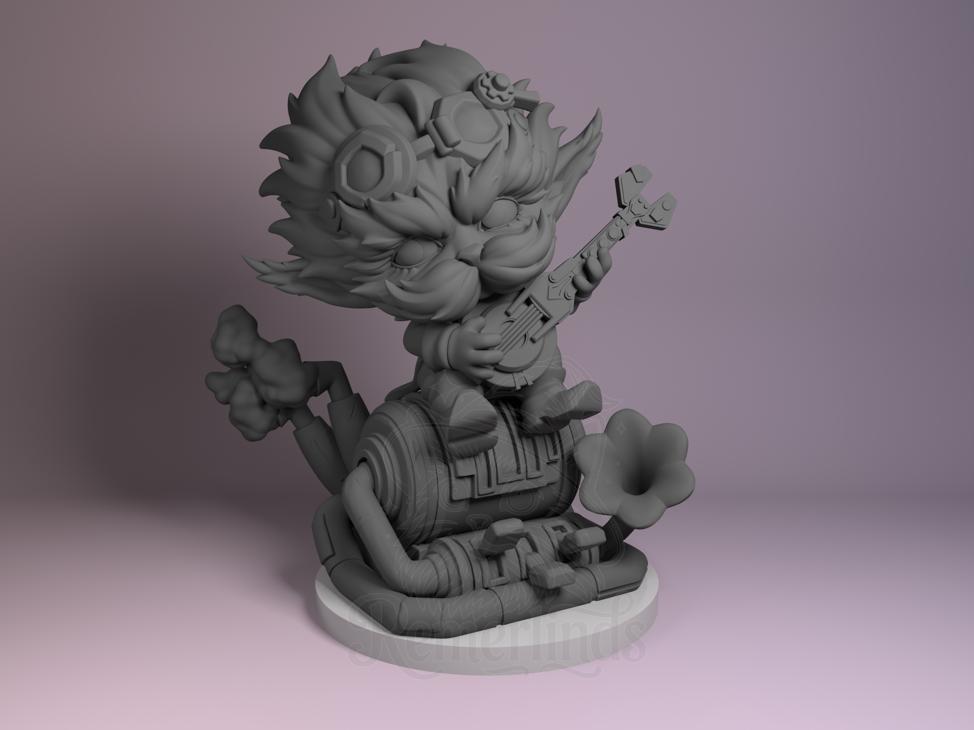 Heimerdinger Arcane 3D printed resin Chibi by Nomnom Figures, unpainted front view showing yordle with instrument and mechanical base.