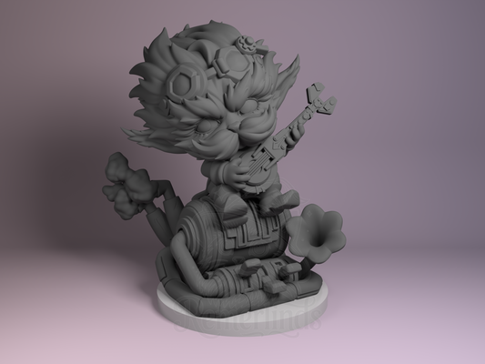 Heimerdinger Arcane 3D printed resin Chibi by Nomnom Figures, unpainted front view showing yordle with instrument and mechanical base.